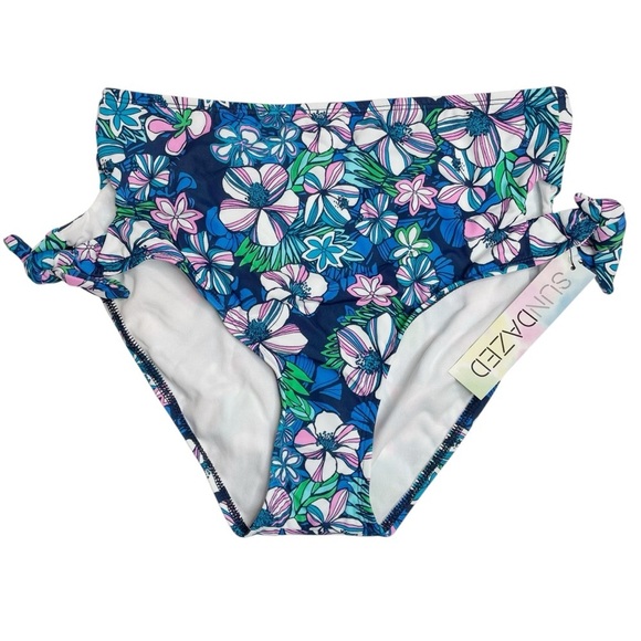 Sundazed Tatum Floral Print Tie Side High Waist Bikini Bottoms Blue Large New - Picture 1 of 5